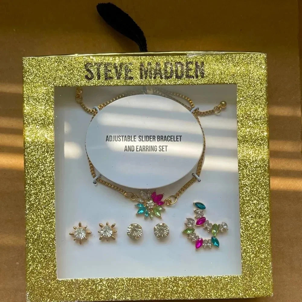 Steve Madden Gold Tone Multicolor Adjustable Bracelet and Earrings set NWT